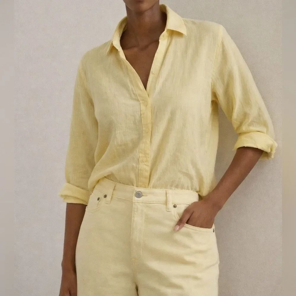 Investments 100% Linen V Neck Button Down Shirt 3/4 Sleeve Yellow Lagenlook XL